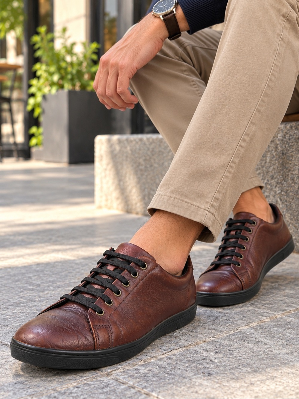 Birchbury Mens Leather Sneakers Burgundy Lace Up Smart Casual Comfort Shoes US 8